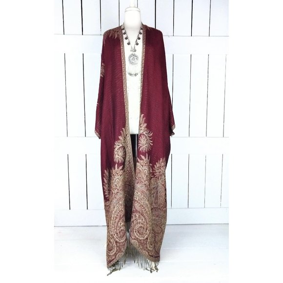 Tops - MAXI silk pashmina fringe kimono cover up/burgundy paisley fringe cardigan wrap